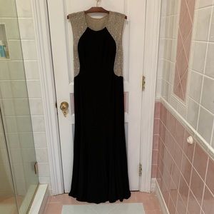Xscape Black Prom Dress with Gold Beaded Accents